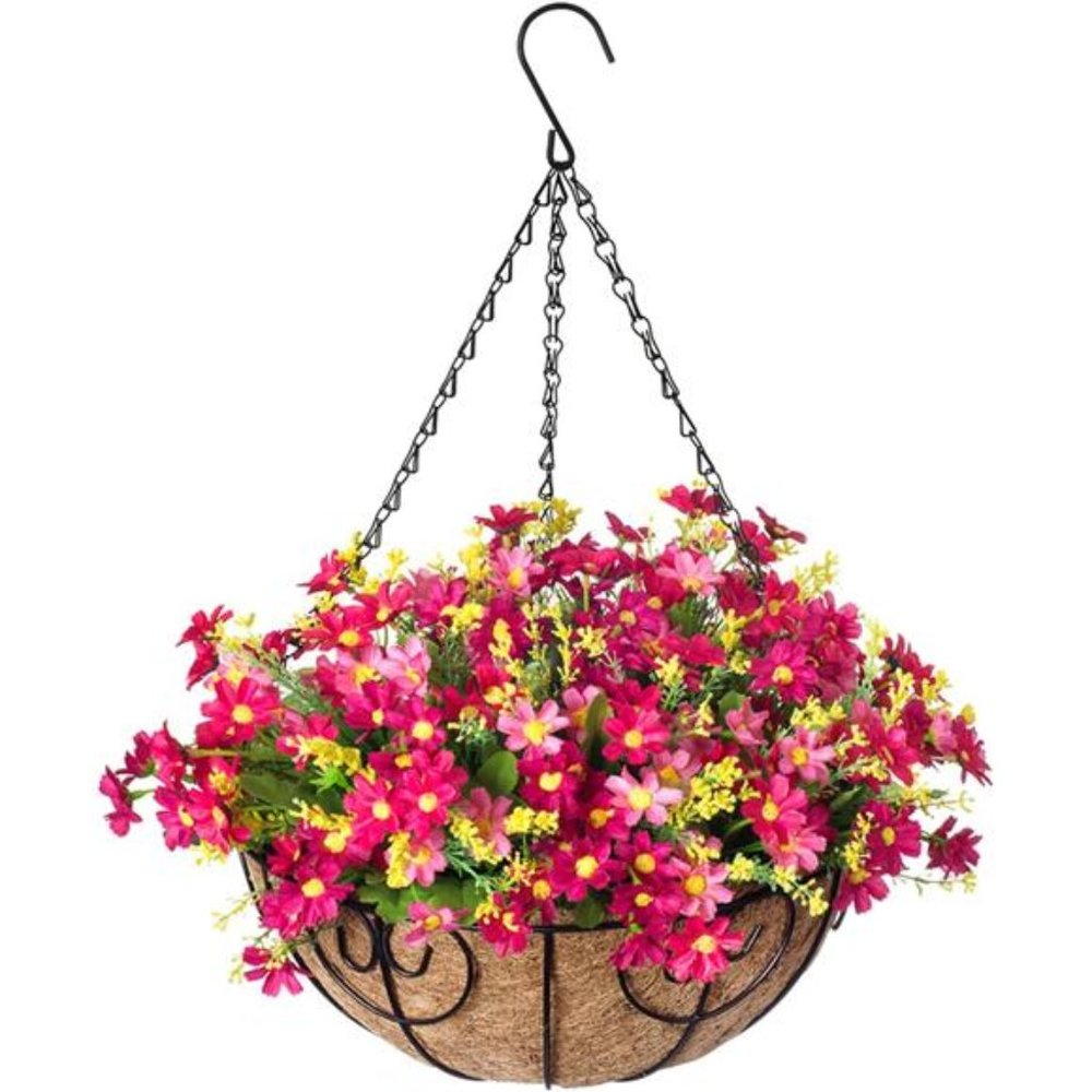 Artificial Hanging Flowers with Basket, Fake Silk Daisy Flowers in 12 inch, Pink